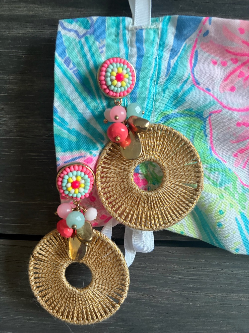 Lilly Pulitzer Gold Hoop Drop Earrings with Pink & Turquoise Beads